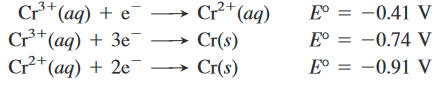 Cr*(aq)
E° =
= -0.41 V
Cr*(ag) + e
Crt(ag) + Зe
Cr²*(aq) + 2e¯
Е %3D — 0.74 V
Eо 3D — 0.91 V
Cr(s)
Cr(s)
