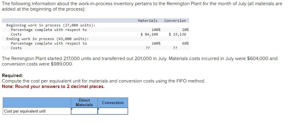 The following information about the work-in-process inventory pertains to the Remington Plant for the month of July (all materials are
added at the beginning of the process):
Beginning work in process (27,000 units):
Percentage complete with respect to
Costs
Ending work in process (43,000 units):
Percentage complete with respect to
Costs
Materials
Conversion
100%
20%
$ 84,100
$ 19,136
100%
60%
??
??
The Remington Plant started 217,000 units and transferred out 201,000 in July. Materials costs incurred in July were $604,000 and
conversion costs were $989,000.
Required:
Compute the cost per equivalent unit for materials and conversion costs using the FIFO method.
Note: Round your answers to 2 decimal places.
Direct
Materials
Conversion
Cost per equivalent unit