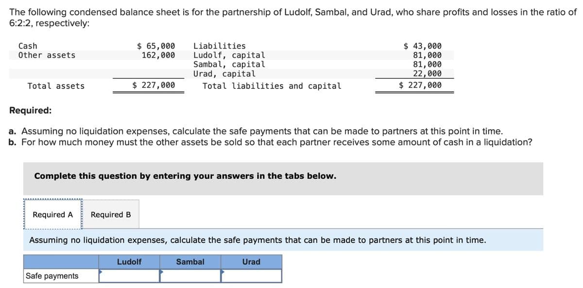 The following condensed balance sheet is for the partnership of Ludolf, Sambal, and Urad, who share profits and losses in the ratio of
6:2:2, respectively:
Cash
Other assets
Liabilities
Ludolf, capital
$ 65,000
162,000
$ 43,000
81,000
Sambal, capital
Urad, capital
81,000
22,000
Total assets
$ 227,000
Total liabilities and capital
$ 227,000
Required:
a. Assuming no liquidation expenses, calculate the safe payments that can be made to partners at this point in time.
b. For how much money must the other assets be sold so that each partner receives some amount of cash in a liquidation?
Complete this question by entering your answers in the tabs below.
Required A Required B
Assuming no liquidation expenses, calculate the safe payments that can be made to partners at this point in time.
Safe payments
Ludolf
Sambal
Urad