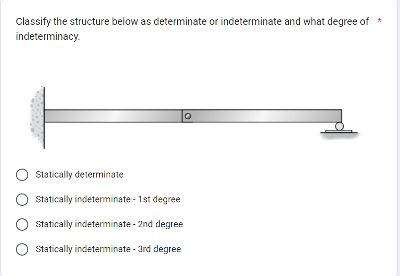 Classify the structure below as determinate or indeterminate and what degree of
indeterminacy.
Statically determinate
Statically indeterminate - 1st degree
Statically indeterminate - 2nd degree
Statically indeterminate - 3rd degree