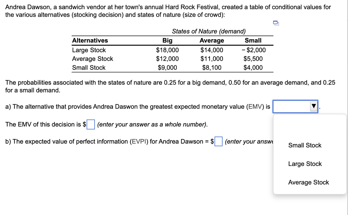 Andrea Dawson, a sandwich vendor at her town's annual Hard Rock Festival, created a table of conditional values for
the various alternatives (stocking decision) and states of nature (size of crowd):
Alternatives
Large Stock
Average Stock
Small Stock
States of Nature (demand)
Average
$14,000
$11,000
$8,100
The EMV of this decision is $
Big
$18,000
$12,000
$9,000
Small
- $2,000
$5,500
$4,000
The probabilities associated with the states of nature are 0.25 for a big demand, 0.50 for an average demand, and 0.25
for a small demand.
a) The alternative that provides Andrea Daswon the greatest expected monetary value (EMV) is
(enter your answer as a whole number).
b) The expected value of perfect information (EVPI) for Andrea Dawson = $
(enter your answ
Small Stock
Large Stock
Average Stock