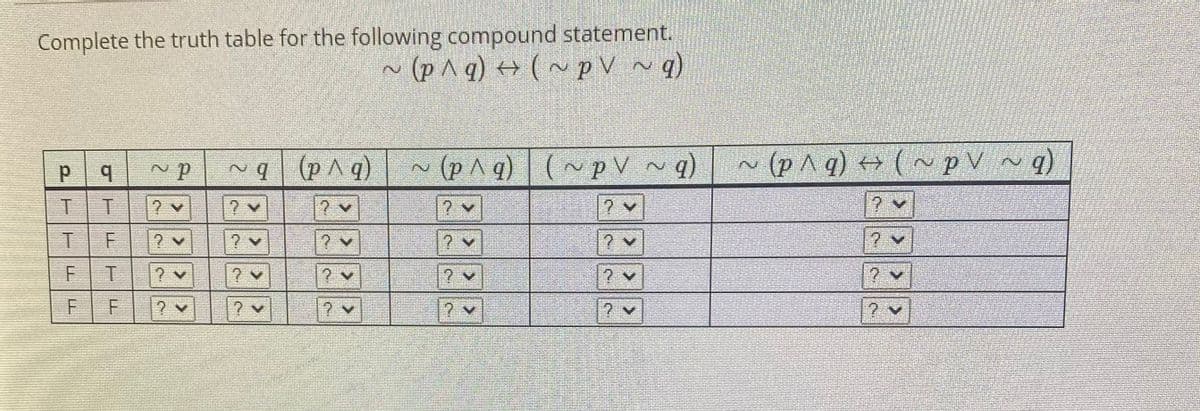 Complete the truth table for the following compound statement.
~ (p^q) + ( ~ p V ~q)
~q (p^q)
(pAq) (~p V ~q)
(PAq) (~ pV~q)

