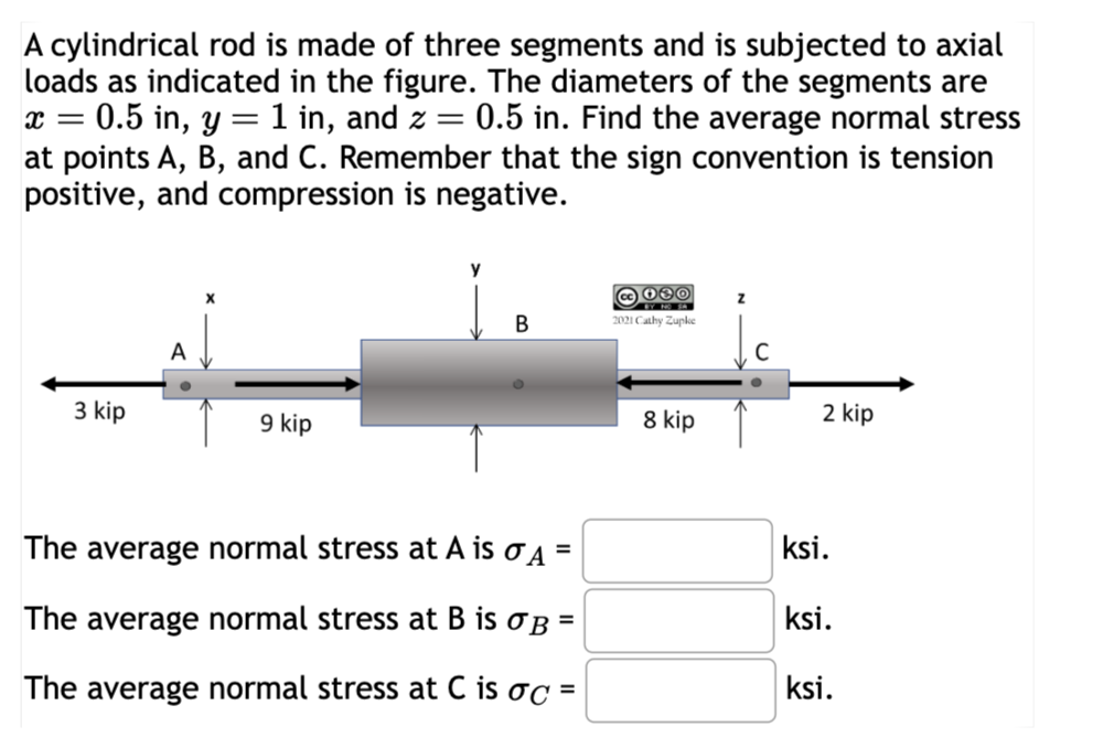 A cylindrical rod is made of three segments and is subjected to axial
loads as indicated in the figure. The diameters of the segments are
x = 0.5 in, y = 1 in, and z = 0.5 in. Find the average normal stress
at points A, B, and C. Remember that the sign convention is tension
positive, and compression is negative.
3 kip
A
x
9 kip
у
ac 030
Z
B
2021 Cathy Zupke
8 kip
C
2 kip
The average normal stress at A is σ A =
The average normal stress at B is σB =
The average normal stress at C is σc =
ksi.
ksi.
ksi.
