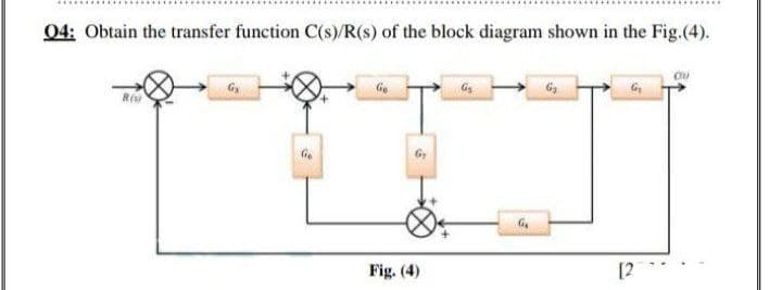 04: Obtain the transfer function C(s)/R(s) of the block diagram shown in the Fig. (4).
Risi
Gx
Ge
Ge
Gy
Fig. (4)
G₂
G
G₂
G₁
[2
CU