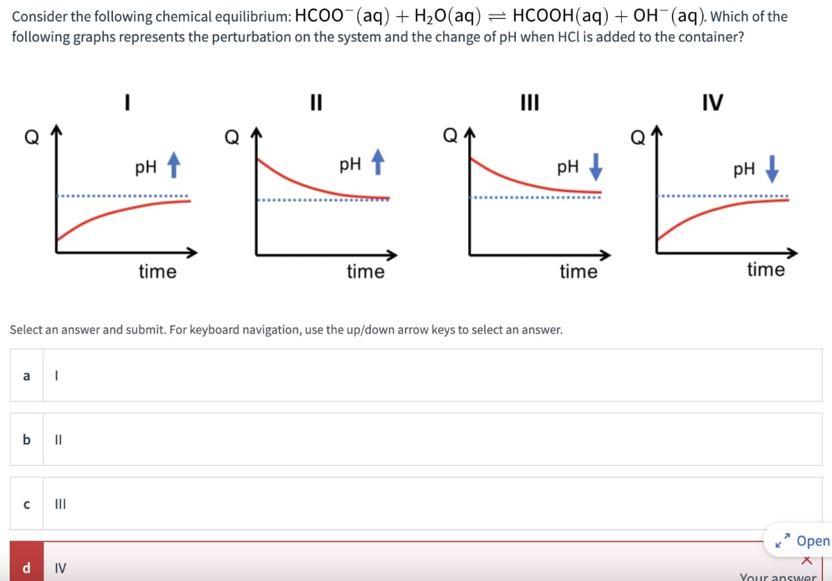 Consider the following chemical equilibrium: HCOO- (aq) + H2O(aq)
=
HCOOH (aq) + OH- (aq). Which of the
following graphs represents the perturbation on the system and the change of pH when HCI is added to the container?
III
PH
PH ↑
time
time
IV
PH
Select an answer and submit. For keyboard navigation, use the up/down arrow keys to select an answer.
a
b ||
C
III
d
IV
pH
time
time
Open
Your answer