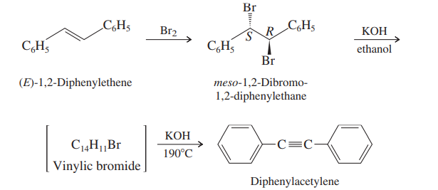 Br
C,H5
Br2
R
C,H5
КОН
C,H5
C,H5
ethanol
Br
(E)-1,2-Diphenylethene
meso-1,2-Dibromo-
1,2-diphenylethane
КОН
C„H,Br
-C=C-
190°C
Vinylic bromide
Diphenylacetylene
