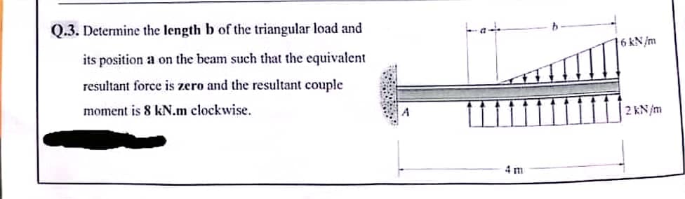 Q.3. Determine the length b of the triangular load and
its position a on the beam such that the equivalent
resultant force is zero and the resultant couple
moment is 8 kN.m clockwise.
4 m
16 kN/m
2 kN/m