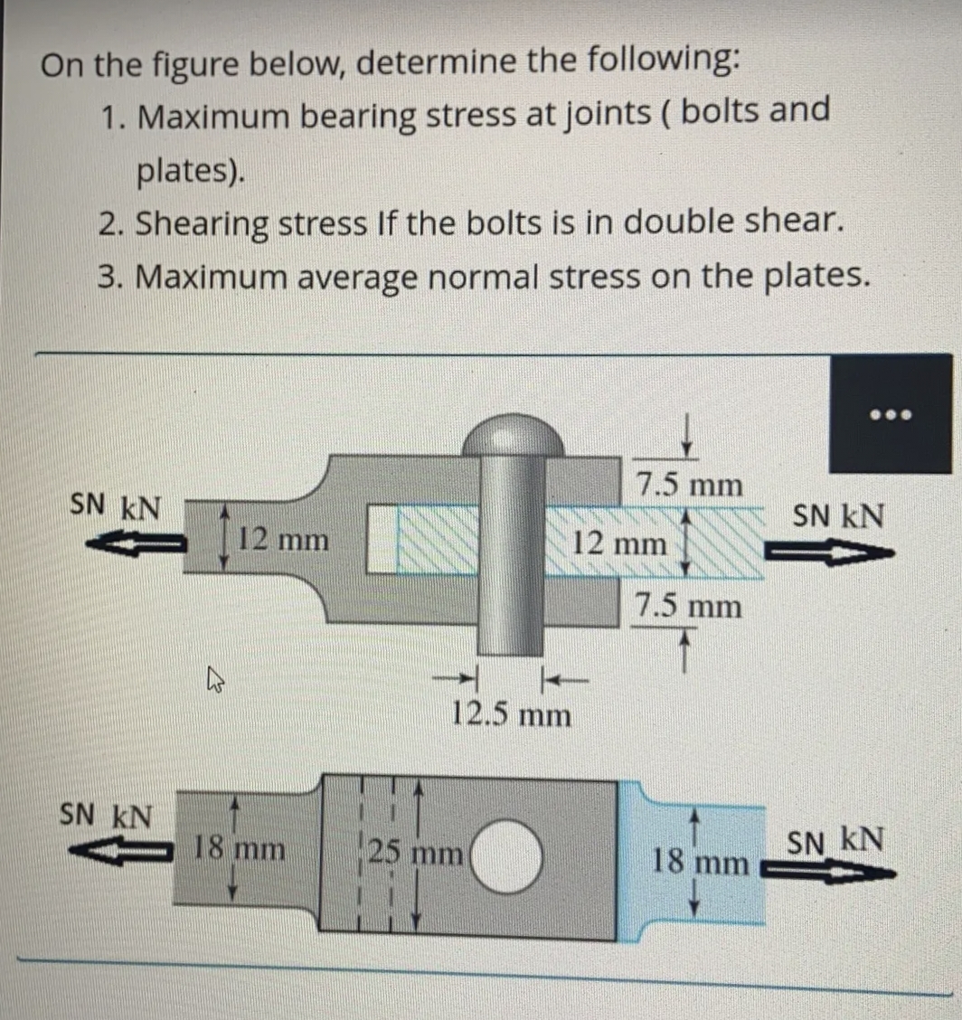 On the figure below, determine the following:
1. Maximum bearing stress at joints ( bolts and
plates).
2. Shearing stress If the bolts is in double shear.
3. Maximum average normal stress on the plates.
7.5 mm
SN kN
SN kN
12 mm
12 mm
7.5 mm
12.5 mm
SN kN
SN kN
18 mm
25 mm
18 mm
