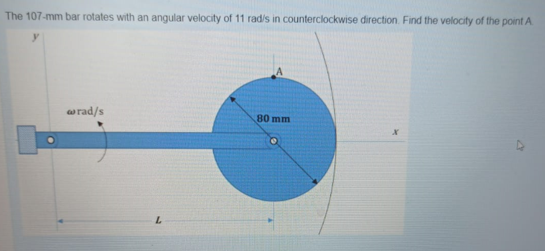 The 107-mm bar rotates with an angular velocity of 11 rad/s in counterclockwise direction. Find the velocity of the point A.
wrad/s
80 mm
