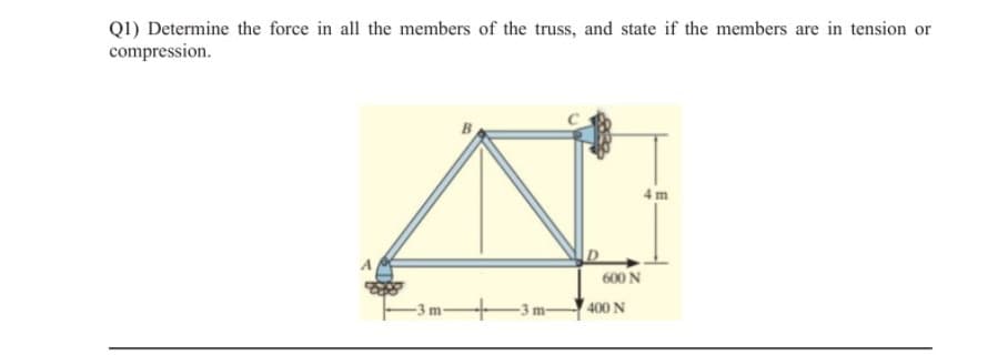 Q1) Determine the force in all the members of the truss, and state if the members are in tension or
compression.
4 m
600 N
-3 m
-3 m-
400 N
