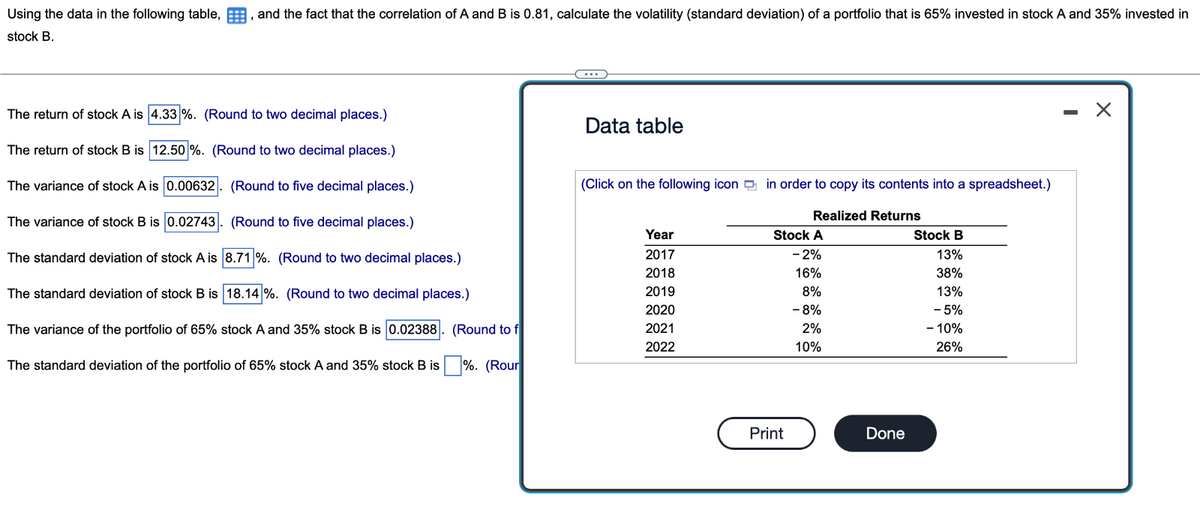 Using the data in the following table,, and the fact that the correlation of A and B is 0.81, calculate the volatility (standard deviation) of a portfolio that is 65% invested in stock A and 35% invested in
stock B.
The return of stock A is 4.33 %. (Round to two decimal places.)
The return of stock B is 12.50 %. (Round to two decimal places.)
The variance of stock A is 0.00632. (Round to five decimal places.)
The variance of stock B is 0.02743. (Round to five decimal places.)
The standard deviation of stock A is 8.71%. (Round to two decimal places.)
The standard deviation of stock B is 18.14%. (Round to two decimal places.)
The variance of the portfolio of 65% stock A and 35% stock B is 0.02388. (Round to f
The standard deviation of the portfolio of 65% stock A and 35% stock B is%. (Rour
Data table
(Click on the following icon in order to copy its contents into a spreadsheet.)
Realized Returns
Year
2017
2018
2019
2020
2021
2022
Stock A
- 2%
16%
8%
- 8%
2%
10%
Print
Done
Stock B
13%
38%
13%
- 5%
- 10%
26%
-
X