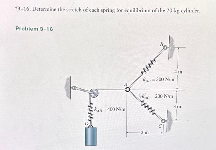 *3-16. Determine the stretch of each spring for equilibrium of the 20-kg cylinder.
Problem 3-16
Ja
KAD=400 N/m
KAB = 300 N/m
KAC = 200 N/m
3 m
4 m
3 m