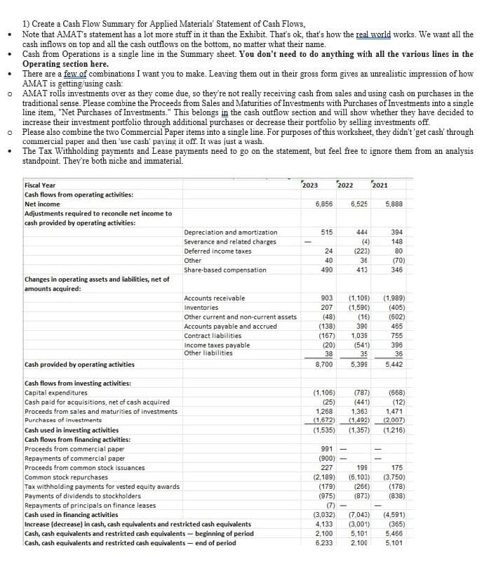 1) Create a Cash Flow Summary for Applied Materials' Statement of Cash Flows,
. Note that AMAT's statement has a lot more stuff in it than the Exhibit. That's ok, that's how the real world works. We want all the
•
.
cash inflows on top and all the cash outflows on the bottom, no matter what their name.
Cash from Operations is a single line in the Summary sheet. You don't need to do anything with all the various lines in the
Operating section here.
There are a few of combinations I want you to make. Leaving them out in their gross form gives an unrealistic impression of how
AMAT is getting/using cash:
。 AMAT rolls investments over as they come due, so they're not really receiving cash from sales and using cash on purchases in the
traditional sense. Please combine the Proceeds from Sales and Maturities of Investments with Purchases of Investments into a single
line item, "Net Purchases of Investments." This belongs in the cash outflow section and will show whether they have decided to
increase their investment portfolio through additional purchases or decrease their portfolio by selling investments off.
о
•
Please also combine the two Commercial Paper items into a single line. For purposes of this worksheet, they didn't get cash' through
commercial paper and then 'use cash' paying it off. It was just a wash.
The Tax Withholding payments and Lease payments need to go on the statement, but feel free to ignore them from an analysis
standpoint. They're both niche and immaterial.
Fiscal Year
Cash flows from operating activities:
Net income
Adjustments required to reconcile net income to
cash provided by operating activities:
Changes in operating assets and liabilities, net of
amounts acquired:
2023
2022
2021
6,856
6,525
5,888
Depreciation and amortization
515
Severance and related charges
Deferred income taxes
Other
24
40
Share-based compensation
490
Accounts receivable
903
Inventories
207
Other current and non-current assets
(48)
Accounts payable and accrued
(138)
Contract liabilities
(167)
Income taxes payable
(20)
38
ཟུཙྪཱསཱིཨ – བྷི8ཙིདྷནྟི།
394
148
80
(70)
346
(1,109)
(1,989)
(1,590)
(405)
(602)
465
755
396
36
8,700
5,442
Tax withholding payments for vested equity awards
Cash provided by operating activities
Cash flows from investing activities:
Capital expenditures
Cash paid for acquisitions, net of cash acquired
Proceeds from sales and maturities of investments
Purchases of investments
Cash used in investing activities
Cash flows from financing activities:
Proceeds from commercial paper
Repayments of commercial paper
Proceeds from common stock issuances
Common stock repurchases
Payments of dividends to stockholders
Other liabilities
(1,106)
(787)
(668)
(25)
(441)
(12)
1,268
1,363
1,471
(1,672) (1,492)
(2,007)
(1,535)
(1,357)
(1,216)
991
(900)
227
(2,189)
199
(6.103)
175
(3,750)
(179) (266)
(178)
(975) (873)
(838)
Repayments of principals on finance leases
(7)-
Cash used in financing activities
(3,032) (7,043)
(4,591)
Increase (decrease) in cash, cash equivalents and restricted cash equivalents
Cash, cash equivalents and restricted cash equivalents - beginning of period
Cash, cash equivalents and restricted cash equivalents-end of period
4,133
(3,001)
(365)
2,100
5,101
5,466
6.233
2.100
5.101