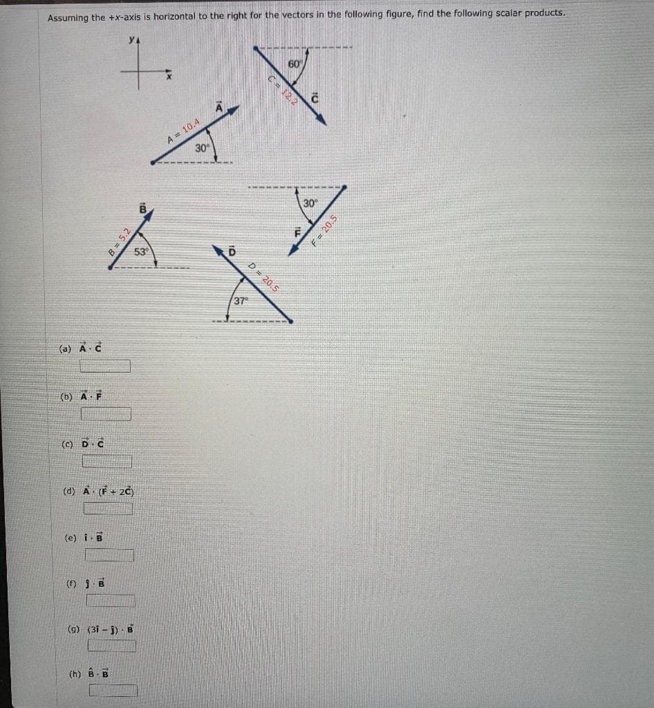 Assuming the +x-axis is horizontal to the right for the vectors in the following figure, find the following scalar products.
1.
(a) A C
(b) A. F
(C) D.C
(e) i. B
(d) A. (F + 2C)
(f) 1.B
B = 5.2
(g) (31-1) B
(h) B-B
53
A = 10.4
30°
A
37
C = 12.2
60
D = 20.5
C
30°
F = 20.5