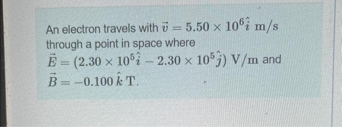 An electron travels with = 5.50 x 106 m/s
through a point in space where
E = (2.30 x 105 -2.30 x 1053) V/m and
B = -0.100 k T.