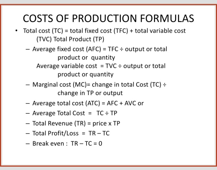 COSTS OF PRODUCTION FORMULAS
Total cost (TC) = total fixed cost (TFC) + total variable cost
(TVC) Total Product (TP)
Average fixed cost (AFC) = TFC ÷ output or total
product or quantity
Average variable cost = TVC ÷ output or total
product or quantity
- Marginal cost (MC)= change in total Cost (TC) ÷
change in TP or output
Average total cost (ATC) = AFC + AVC or
%3D
- Average Total Cost = TC ÷ TP
- Total Revenue (TR) = price x TP
- Total Profit/Loss = TR - TC
Break even : TR – TC = 0
