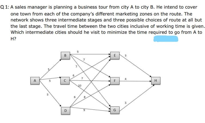 Q 1: A sales manager is planning a business tour from city A to city B. He intend to cover
one town from each of the company's different marketing zones on the route. The
network shows three intermediate stages and three possible choices of route at all but
the last stage. The travel time between the two cities inclusive of working time is given.
Which intermediate cities should he visit to minimize the time required to go from A to
H?
B
E
3.
7
7
6.
7
5
H
10
6.
3
D
