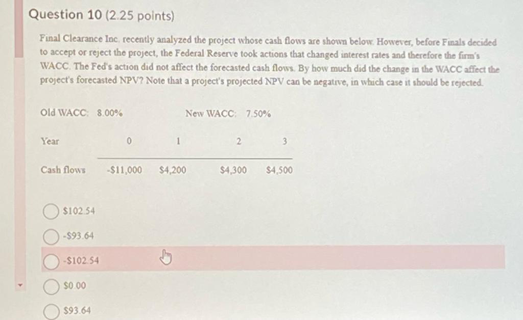 Question 10 (2.25 points)
Final Clearance Inc. recently analyzed the project whose cash flows are shown below. However, before Finals decided
to accept or reject the project, the Federal Reserve took actions that changed interest rates and therefore the firm's
WACC. The Fed's action did not affect the forecasted cash flows. By how much did the change in the WACC affect the
project's forecasted NPV? Note that a project's projected NPV can be negative, in which case it should be rejected.
Old WACC: 8.00%
Year
Cash flows
$102.54
-$93.64
-$102.54
$0.00
$93.64
0
-$11,000
1
New WACC: 7.50%
$4,200
2
$4,300
3
$4,500