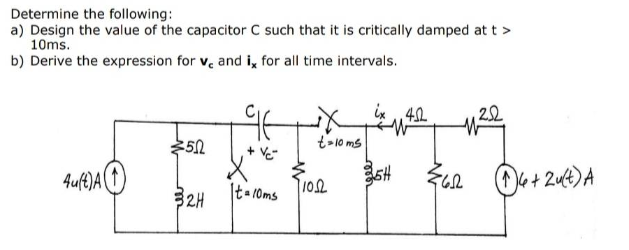 Determine the following:
a) Design the value of the capacitor C such that it is critically damped at t >
10ms.
b) Derive the expression for ve and i, for all time intervals.
4.2
252
W
t=10ms
5.0
+ Vc
Auft)A (↑)
It=10ms
32H
11052
35H
7622
4+244) A