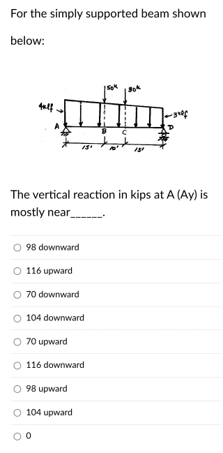 For the simply supported beam shown
below:
O
4klf
98 downward
116 upward
70 downward
15'
104 downward
0
The vertical reaction in kips at A (Ay) is
mostly near____
70 upward
116 downward
98 upward
104 upward
150k
B
30k
с
151
-3xlf