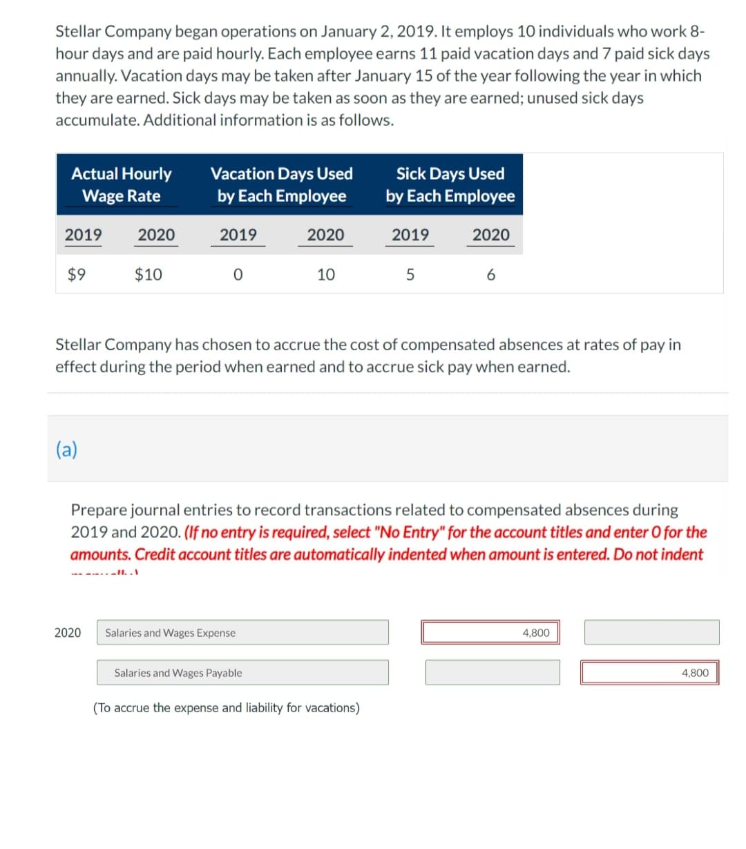 Stellar Company began operations on January 2, 2019. It employs 10 individuals who work 8-
hour days and are paid hourly. Each employee earns 11 paid vacation days and 7 paid sick days
annually. Vacation days may be taken after January 15 of the year following the year in which
they are earned. Sick days may be taken as soon as they are earned; unused sick days
accumulate. Additional information is as follows.
Actual Hourly
Wage Rate
2019
$9
(a)
2020
$10
2020
Vacation Days Used
by Each Employee
2019
0
2020
Salaries and Wages Expense
10
Salaries and Wages Payable.
Stellar Company has chosen to accrue the cost of compensated absences at rates of pay in
effect during the period when earned and to accrue sick pay when earned.
Sick Days Used
by Each Employee
2020
2019
Prepare journal entries to record transactions related to compensated absences during
2019 and 2020. (If no entry is required, select "No Entry" for the account titles and enter O for the
amounts. Credit account titles are automatically indented when amount is entered. Do not indent
---lII.1
(To accrue the expense and liability for vacations)
5
6
4,800
4,800