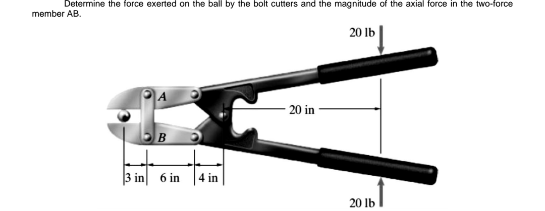 Determine the force exerted on the ball by the bolt cutters and the magnitude of the axial force in the two-force
member AB.
20 lb
20 in
3 in 6 in
4 in
20 lb
