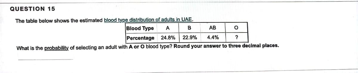 QUESTION 15
The table below shows the estimated blood type distribution of adults in UAE.
A
B
24.8% 22.9%
AB
O
Blood Type
Percentage
4.4%
?
What is the probability of selecting an adult with A or O blood type? Round your answer to three decimal places.