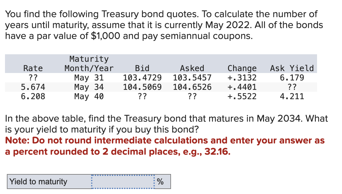 You find the following Treasury bond quotes. To calculate the number of
years until maturity, assume that it is currently May 2022. All of the bonds
have a par value of $1,000 and pay semiannual coupons.
Rate
??
5.674
6.208
Maturity
Month/Year
May 31
May 34
May 40
Yield to maturity
Bid
Asked
103.4729
103.5457
104.5069 104.6526
??
??
In the above table, find the Treasury bond that matures in May 2034. What
is your yield to maturity if you buy this bond?
Note: Do not round intermediate calculations and enter your answer as
a percent rounded to 2 decimal places, e.g., 32.16.
Change Ask Yield
+.3132 6.179
+.4401
??
+.5522
4.211
%