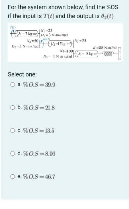 For the system shown below, find the %OS
if the input is T(t) and the output is 02(t)
|N=25
=7 kg m-HD =3 N-m-s/rad
Na =50
fh=15kg-m
N3 25
D;=5 N-m-s/rad
K=88 N-m/radr
N4-100|
D; = 4 N-m-s/rad
; = 8 ke-m0000
Select one:
O a. %O.S 39.9
O b. %O.S=21.8
O c. %O.S 13.5
O d. %O.S =8.06
O e. %0.S= 46.7
