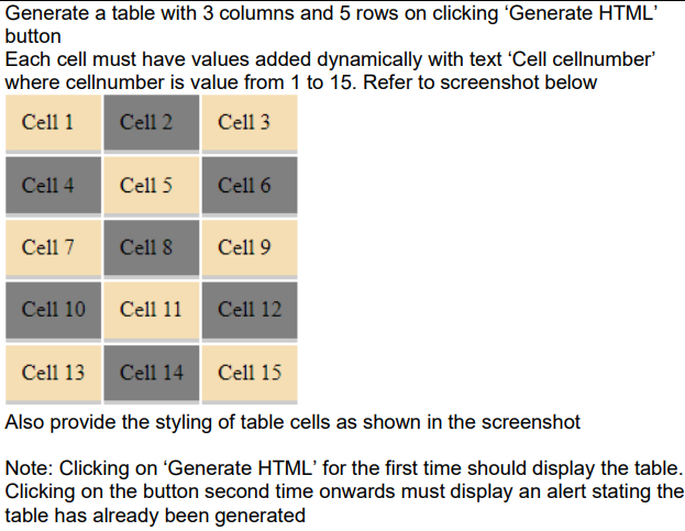 Generate a table with 3 columns and 5 rows on clicking 'Generate HTML'
button
Each cell must have values added dynamically with text 'Cell cellnumber'
where cellnumber is value from 1 to 15. Refer to screenshot below
Cell 1
Cell 2
Cell 3
Cell 4
Cell 7
Cell 10
Cell 13
Cell 5
Cell 8
Cell 11
Cell 14
Cell 6
Cell 9
Cell 15
Also provide the styling of table cells as shown in the screenshot
Note: Clicking on 'Generate HTML' for the first time should display the table.
Clicking on the button second time onwards must display an alert stating the
table has already been generated
Cell 12