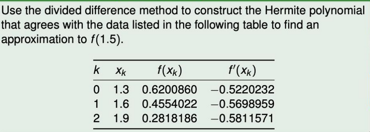 Use the divided difference method to construct the Hermite polynomial
that agrees with the data listed in the following table to find an
approximation
to f(1.5).
k Xk
f(xk)
f'(xk)
0 1.3 0.6200860
-0.5220232
1 1.6 0.4554022 -0.5698959
1.9 0.2818186 -0.5811571
2