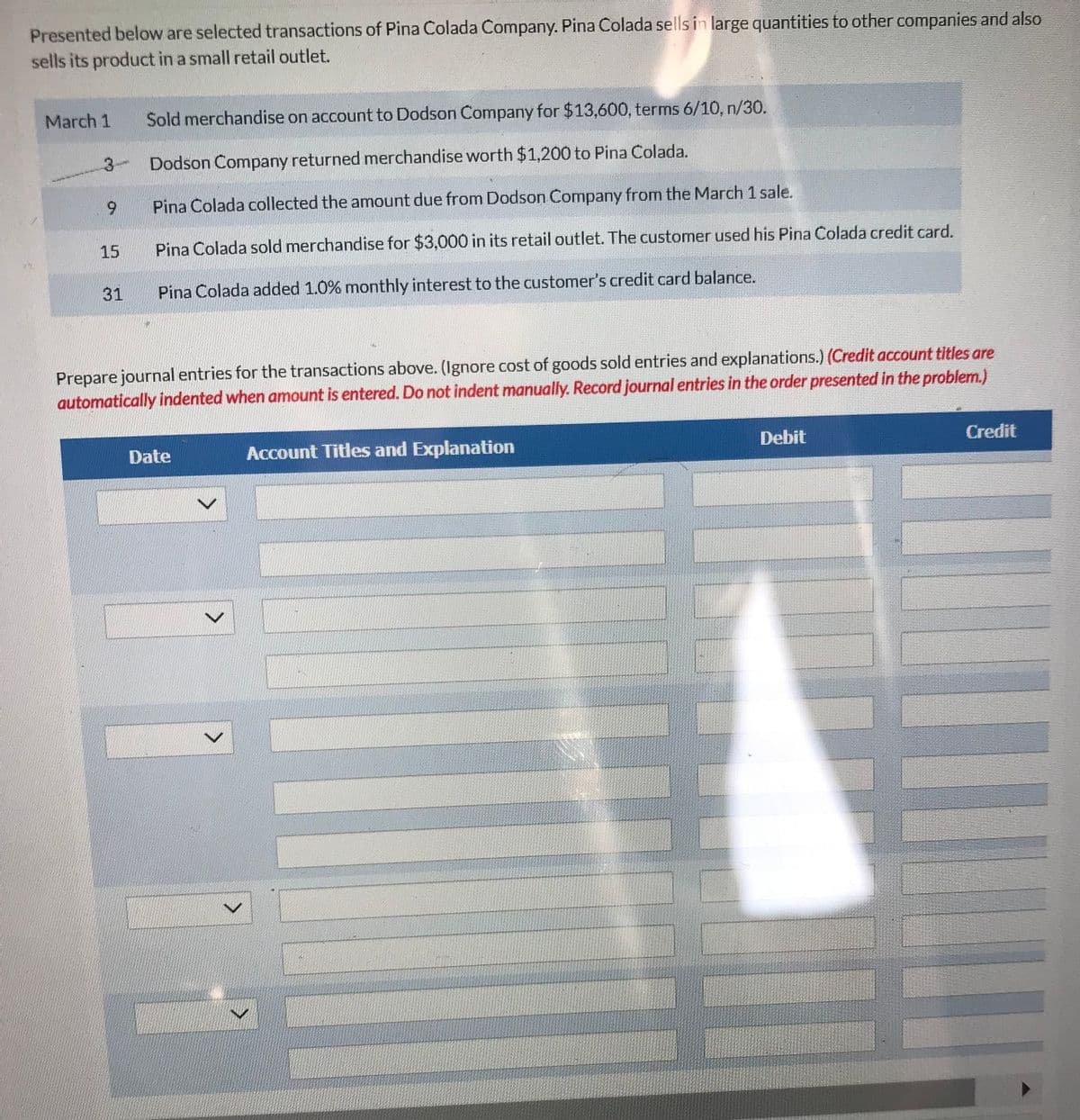 Presented below are selected transactions of Pina Colada Company. Pina Colada sells in large quantities to other companies and also
sells its product in a small retail outlet.
March 1 Sold merchandise on account to Dodson Company for $13,600, terms 6/10, n/30.
3- Dodson Company returned merchandise worth $1,200 to Pina Colada.
Pina Colada collected the amount due from Dodson Company from the March 1 sale.
Pina Colada sold merchandise for $3,000 in its retail outlet. The customer used his Pina Colada credit card.
Pina Colada added 1.0% monthly interest to the customer's credit card balance.
9
15
31
Prepare journal entries for the transactions above. (Ignore cost of goods sold entries and explanations.) (Credit account titles are
automatically indented when amount is entered. Do not indent manually. Record journal entries in the order presented in the problem.)
Date
Account Titles and Explanation
Debit
Credit
111