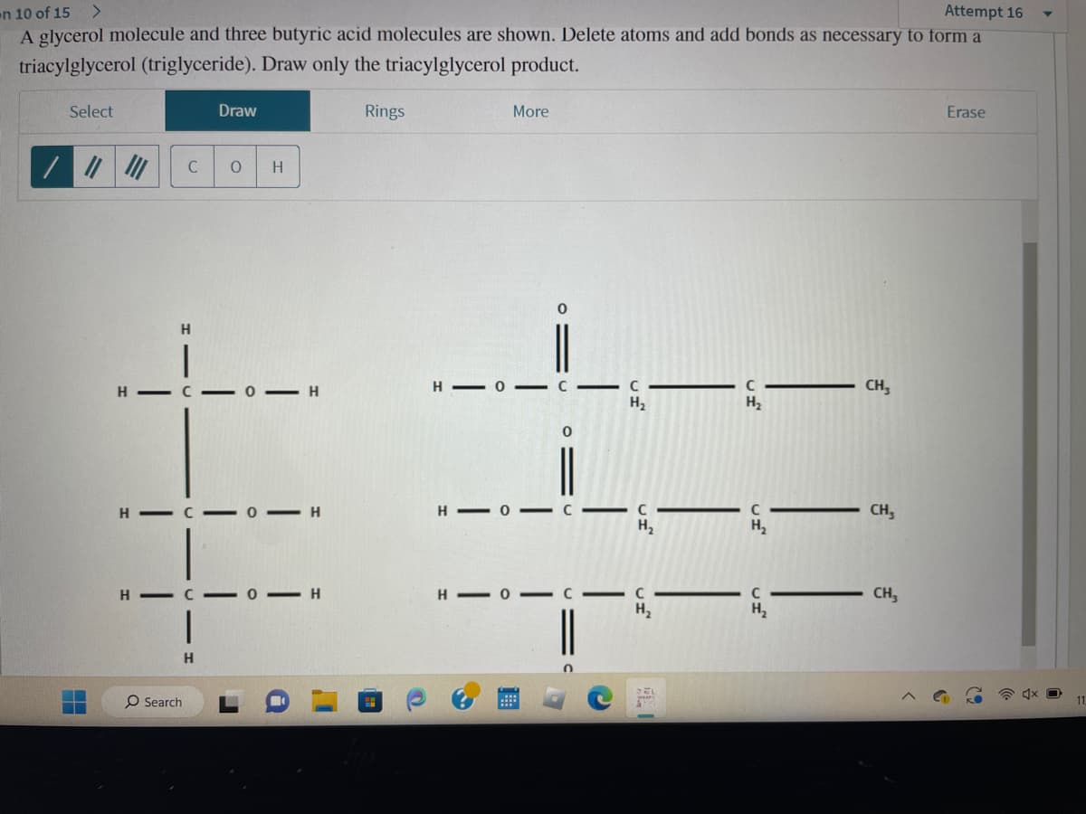 n 10 of 15
Attempt 16
A glycerol molecule and three butyric acid molecules are shown. Delete atoms and add bonds as necessary to form a
triacylglycerol (triglyceride). Draw only the triacylglycerol product.
Select
H
C
H
H-C
H-C
O Search
H
Draw
O
H
0 H
0-H
0-H
Rings
More
H - 0 - C
HO
H-0-
01U
C
H₂
c-c
H₂
H₂
C
H₂
H₂
[ひ]
C
H₂
CH,
CH₂
CH₂
Erase
11