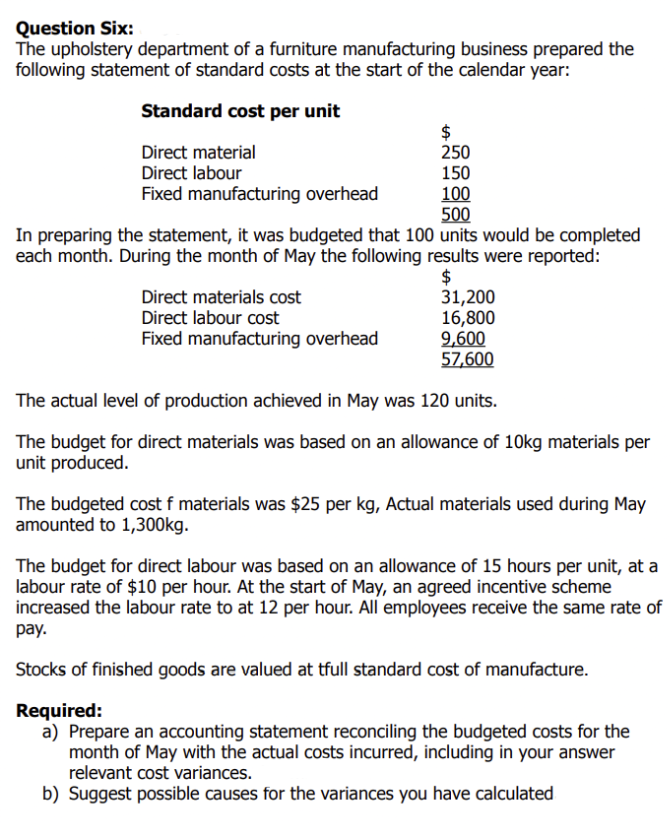 Question Six:
The upholstery department of a furniture manufacturing business prepared the
following statement of standard costs at the start of the calendar year:
Standard cost per unit
$
250
150
100
500
Direct material
Direct labour
Fixed manufacturing overhead
In preparing the statement, it was budgeted that 100 units would be completed
each month. During the month of May the following results were reported:
$
31,200
16,800
9,600
57,600
Direct materials cost
Direct labour cost
Fixed manufacturing overhead
The actual level of production achieved in May was 120 units.
The budget for direct materials was based on an allowance of 10kg materials per
unit produced.
The budgeted cost f materials was $25 per kg, Actual materials used during May
amounted to 1,300kg.
The budget for direct labour was based on an allowance of 15 hours per unit, at a
labour rate of $10 per hour. At the start of May, an agreed incentive scheme
increased the labour rate to at 12 per hour. All employees receive the same rate of
раy.
Stocks of finished goods are valued at tfull standard cost of manufacture.
Required:
a) Prepare an accounting statement reconciling the budgeted costs for the
month of May with the actual costs incurred, including in your answer
relevant cost variances.
b) Suggest possible causes for the variances you have calculated
