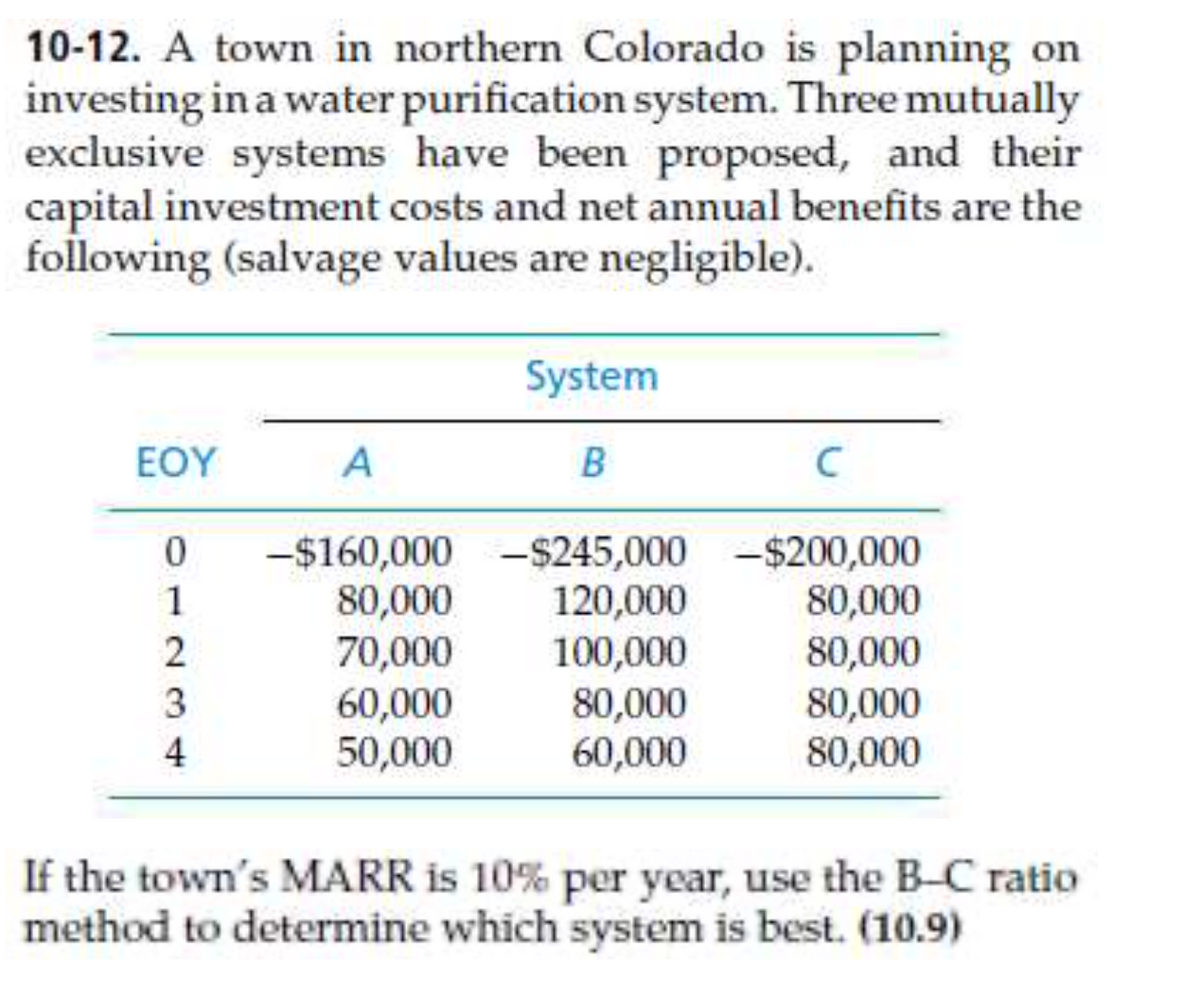 10-12. A town in northern Colorado is planning on
investing in a water purification system. Three mutually
exclusive systems have been proposed, and their
capital investment costs and net annual benefits are the
following (salvage values are negligible).
EOY
01234
A
-$160,000
80,000
70,000
60,000
50,000
System
B
C
-$245,000-$200,000
120,000
100,000
80,000
60,000
80,000
80,000
80,000
80,000
If the town's MARR is 10% per year, use the B-C ratio
method to determine which system is best. (10.9)