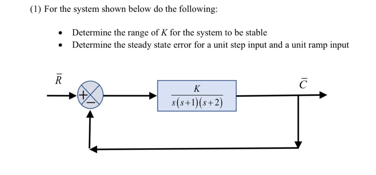 (1) For the system shown below do the following:
R
Determine the range of K for the system to be stable
Determine the steady state error for a unit step input and a unit ramp input
+
K
s(s+1)(s+2)
C