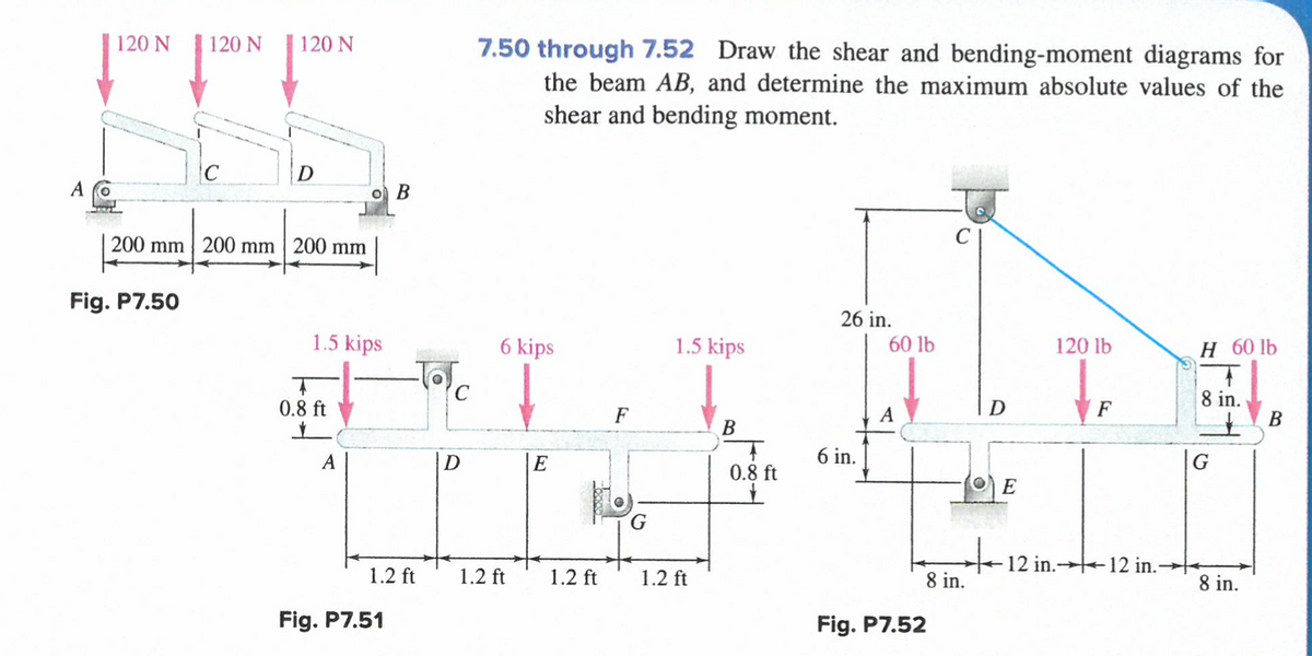 120 N
120 N
120 N
7.50 through 7.52 Draw the shear and bending-moment diagrams for
the beam AB, and determine the maximum absolute values of the
shear and bending moment.
A C.
o B
200 mm | 200 mm | 200 mm
Fig. P7.50
26 in.
1.5 kips
6 kips
1.5 kips
60 lb
120 lb
н 601b
8 in.
B
0.8 ft
F
A
F
В
A
E
6 in.
G
0.8 ft
12 in.→12 in.-
1.2 ft
1.2 ft
1.2 ft
1.2 ft
8 in.
8 in.
Fig. P7.51
Fig. P7.52
