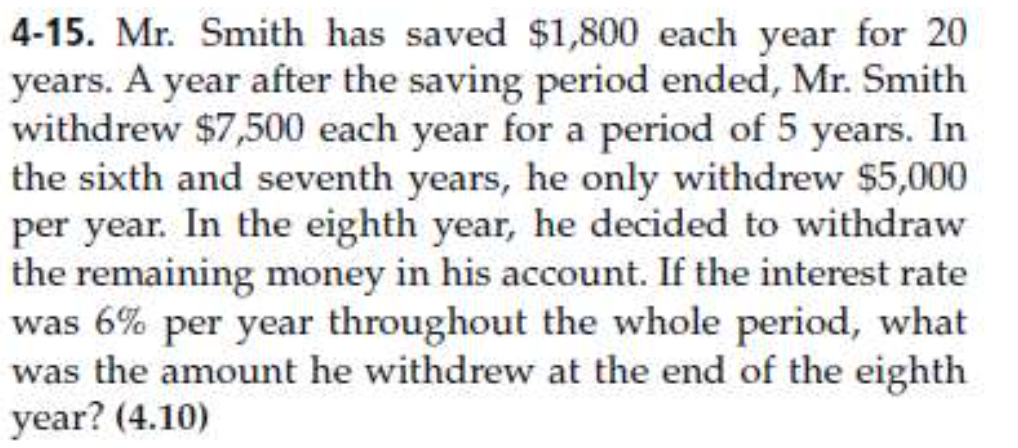 4-15. Mr. Smith has saved $1,800 each year for 20
years. A year after the saving period ended, Mr. Smith
withdrew $7,500 each year for a period of 5 years. In
the sixth and seventh years, he only withdrew $5,000
per year. In the eighth year, he decided to withdraw
the remaining money in his account. If the interest rate
was 6% per year throughout the whole period, what
was the amount he withdrew at the end of the eighth
year? (4.10)