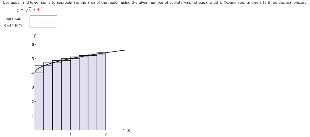 Use upper and lower sums to approximate the area of the region using the given number of subintervals (of equal width). (Round your answers to three decimal places.)
y = Vx + 4
upper sum
lower sum
y
6
4
3
2
1F
X
1
2
