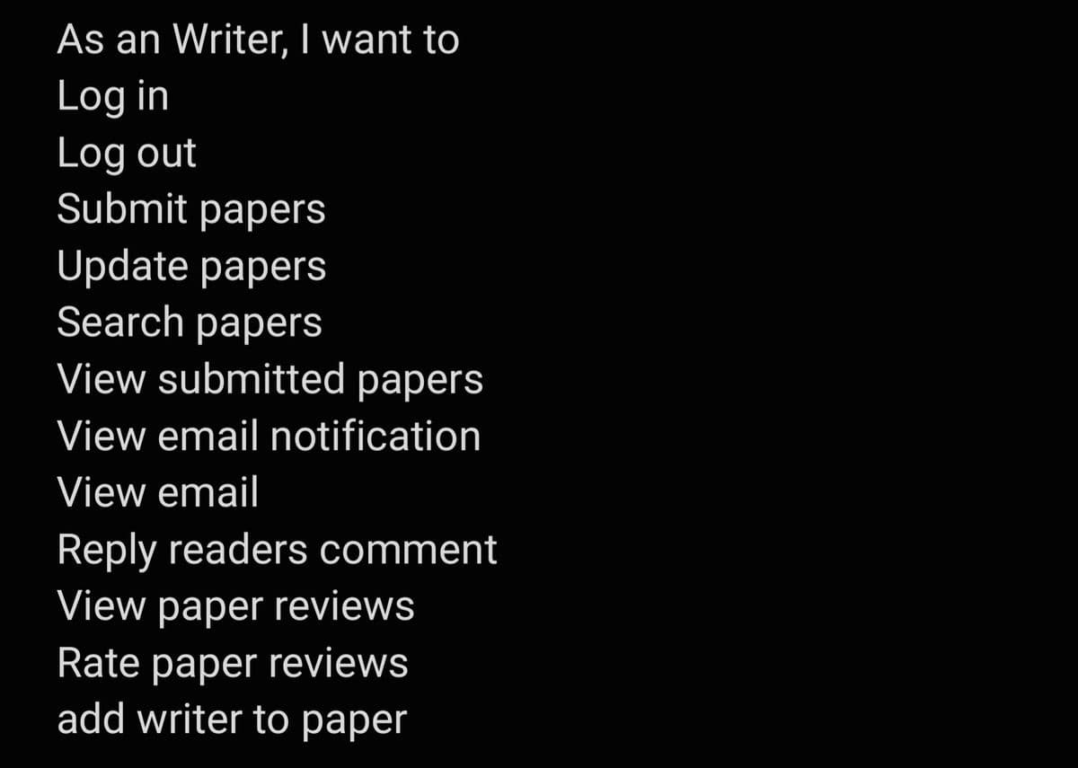 As an Writer, I want to
Log in
Log out
Submit papers
Update papers
Search papers
View submitted papers
View email notification
View email
Reply readers comment
View paper reviews
Rate paper reviews
add writer to paper