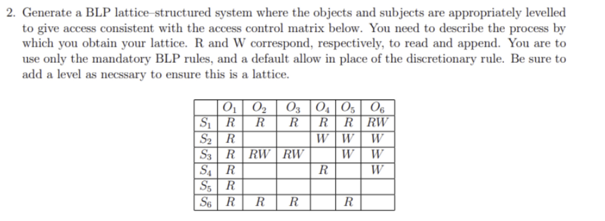 2. Generate a BLP lattice structured system where the objects and subjects are appropriately levelled
to give access consistent with the access control matrix below. You need to describe the process by
which you obtain your lattice. R and W correspond, respectively, to read and append. You are to
use only the mandatory BLP rules, and a default allow in place of the discretionary rule. Be sure to
add a level as necssary to ensure this is a lattice.
0₁
S₁ R
S2 R
S3 R RW RW
S4 R
S5 R
S6 R
02
R
03 04 05 06
R R RW
R
WW
R
R
R
W
W W
W
R