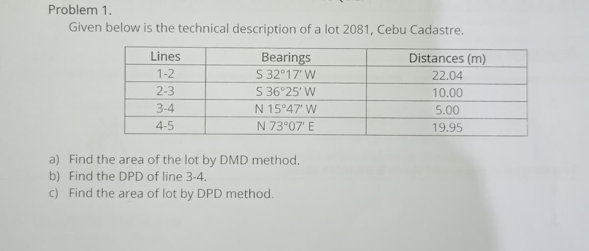 Problem 1.
Given below is the technical description of a lot 2081, Cebu Cadastre.
Bearings
S 32°17' W
S 36°25' W
N 15°47' W
N 73°07' E
Lines
Distances (m)
1-2
22.04
2-3
10.00
3-4
5.00
4-5
19.95
a) Find the area of the lot by DMD method.
b) Find the DPD of line 3-4.
C) Find the area of lot by DPD method.
