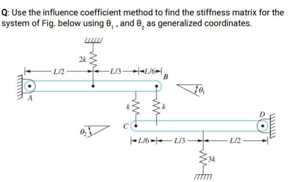 Q: Use the influence coefficient method to find the stiffness matrix for the
system of Fig. below using 0, , and 0, as generalized coordinates.
2k
L/2
-L/3-L/6>|
D
L16 - L/3
L/2
3k
ITTTTI
