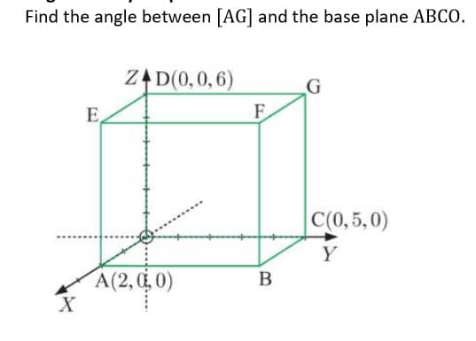 Find the angle between [AG] and the base plane ABCO.
ZAD(0,0,6)
C(0,5,0)
A(2, 4 0)
