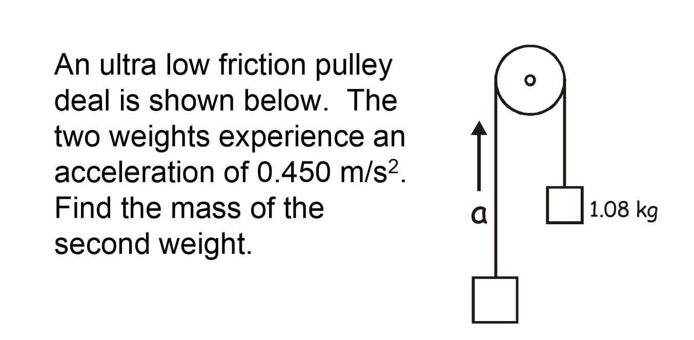 An ultra low friction pulley
deal is shown below. The
two weights experience an
acceleration of 0.450 m/s2.
Find the mass of the
1.08 kg
second weight

