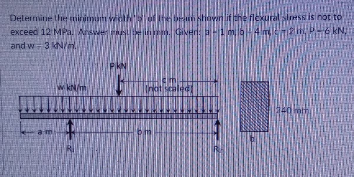 Determine the minimum width "b" of the beam shown if the flexural stress is not to
exceed 12 MPa. Answer must be in mm. Given: a = 1 m, b- 4 m. c= 2 m, P- 6 kN,
and w = 3 kN/m.
P kN
上
cm
w kN/m
(not scaled)
240 mm,
a m
bm
Ri
R,
