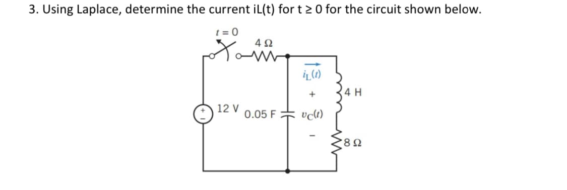 3. Using Laplace, determine the current iL(t) for t≥ 0 for the circuit shown below.
t=0
4Ω
iL (1)
+
4 H
12 V
0.05 F
vc(t)
892