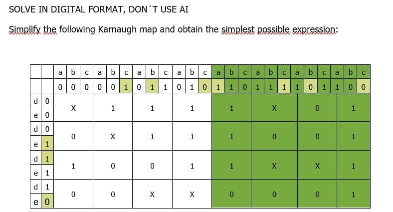 SOLVE IN DIGITAL FORMAT, DON'T USE AI
Simplify the following Karnaugh map and obtain the simplest possible expression:
d0
e 0
d0
U
1
d 1
e 1
d 1
e 0
b cabc a b
00 0 0 0 101
a
X
0
1
0
1
X
0
0
1
1
0
X
ca
c
b c a b
cabcabcabc
1 0 1 0 1 1 0 1 1 1 10 1 100
1
1
1
X
1
1
0
X
0
X
0
0
0
X
0
1
1
1
1