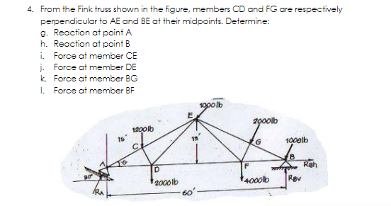 4. From the Fink truss shown in the figure, members CD and FG are respectively
perpendicular to AE and BE at their midpoints. Determine:
g. Reaction at point A
h. Reaction at point B
i. Force at member CE
i. Force at member DE
k. Force at member BG
I. Force at member BF
10polb
200olb
120olb
1s
15
100olb
10
D.
Reh
2000lb
4000lb
Rev
