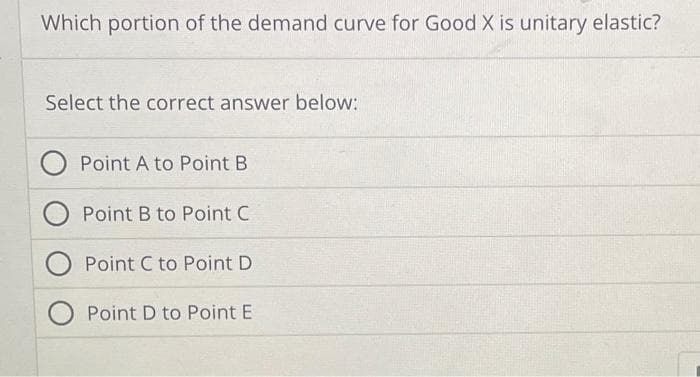 Which portion of the demand curve for Good X is unitary elastic?
Select the correct answer below:
Point A to Point B
O Point B to Point C
O Point C to Point D
Point D to Point E